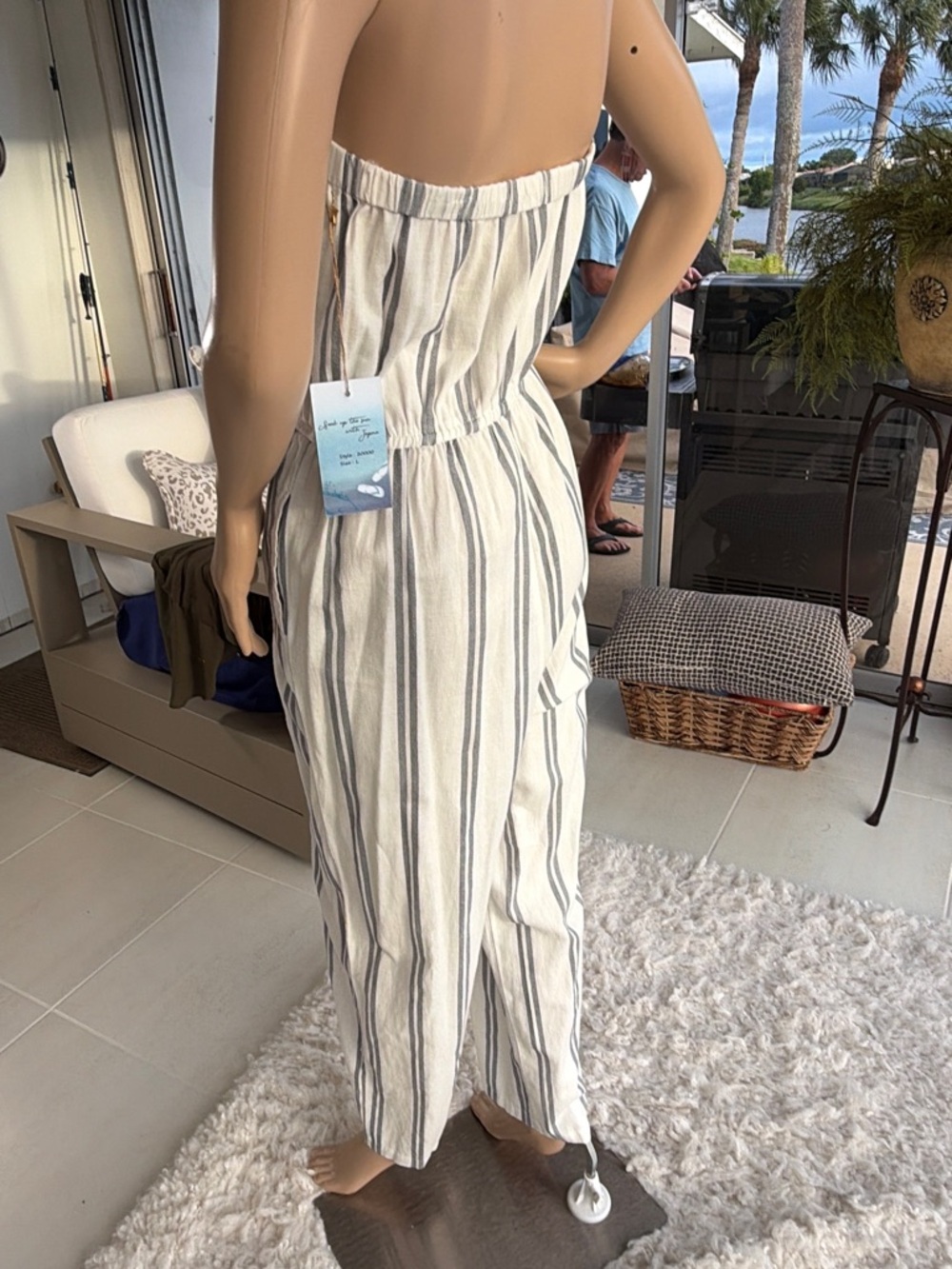 Japna Strapless Vertical-Stripe Jumpsuit in White and Charcoal Grey - Picture 6 of 10